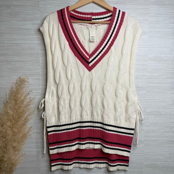 Free People sweater vest cable knit preppy poncho v-neck - Picture 3 of 7